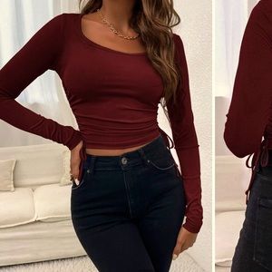 Maroon Ruched Drawstring Long Sleeve Ribbed Burgundy Crop Top NWOT